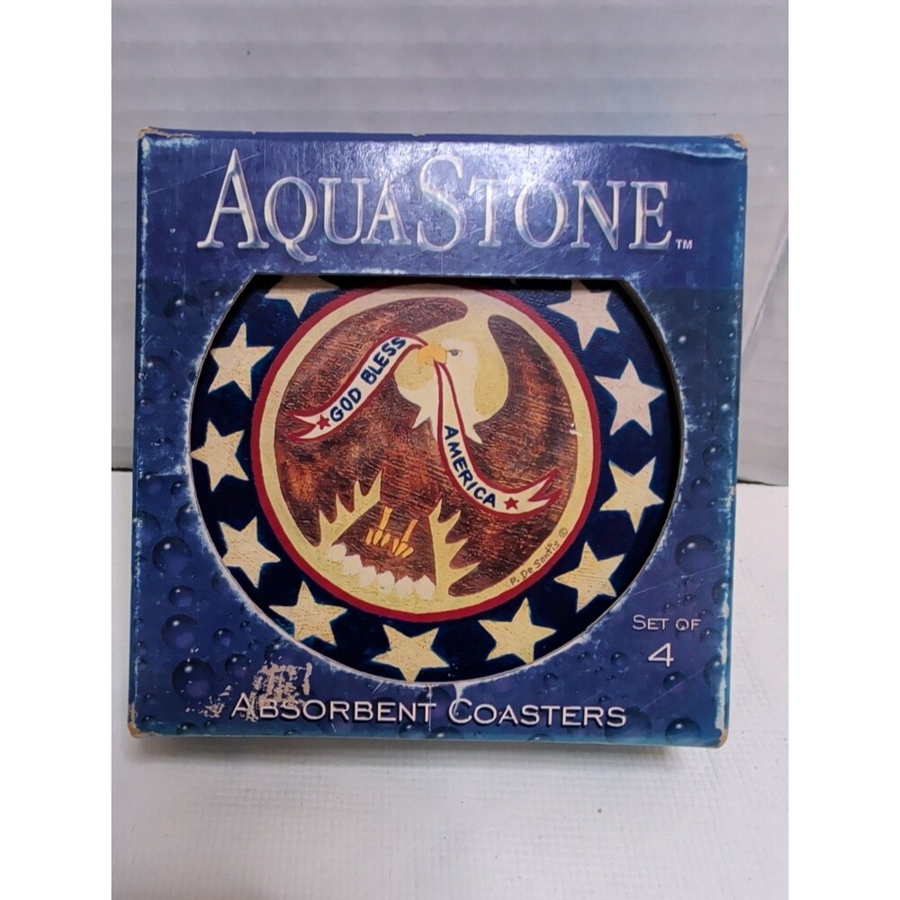 Vintage Aqua Stone Set Of 4 Patriotic Coasters natural Cork Back